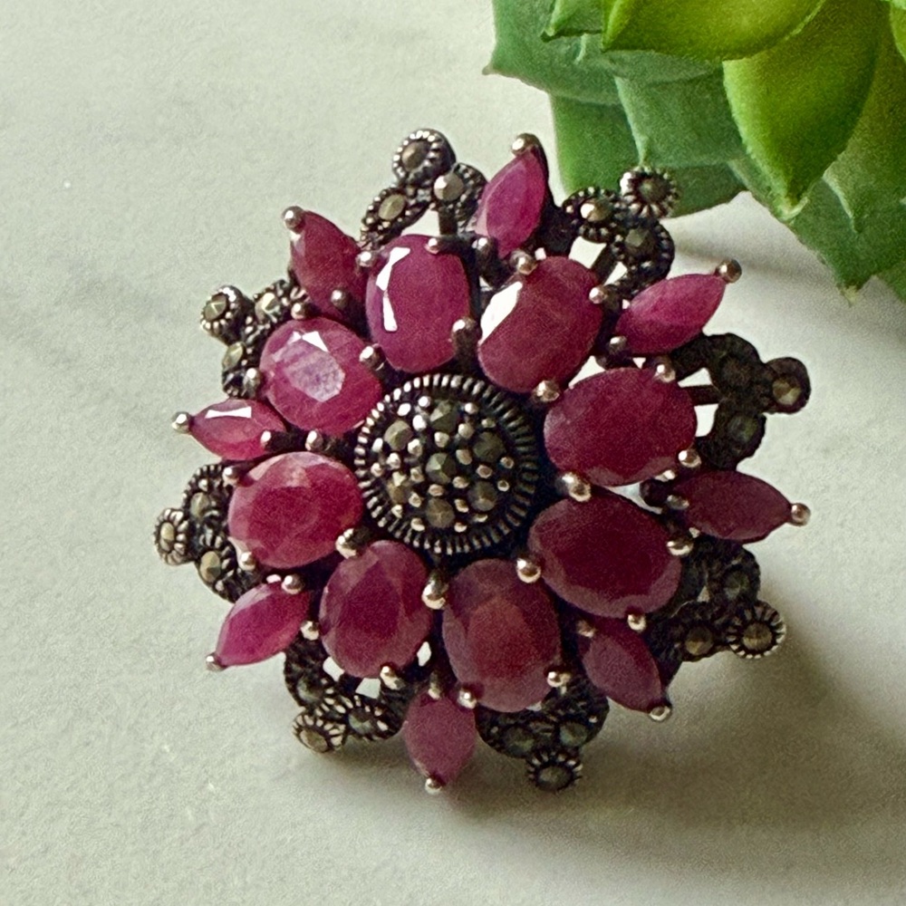 Elegant Statement Ring Sterling Silver & Natural Rubies 1” Large Flower 🌺